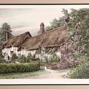 ANNE HATHAWAY’S COTTAGE / Large Hand-Colored VINTAGE ETCHING / J.R. Hutchinson